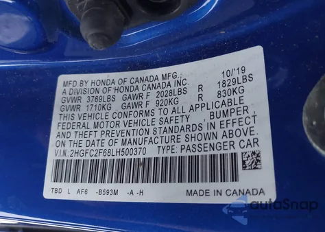 2020 Honda Civic Lx z USA, uszkodzony, nr VIN 2HGFC2F68LH500370